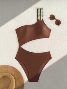 Swim Chiccia Swim Chic Sea-D Women Solid Color One Shoulder Chain Strap Decor One-Piece Swimsuit - Coffee Brown - View 4