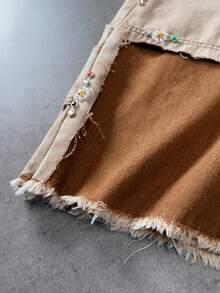 ROMWE MEN Street Life 男士休闲日常牛仔短裤，带口袋、纽扣和毛边裤脚 - 棕色 - 查看 3