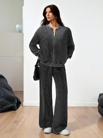 SHEIN Tall Casual Washed Snow Flake Baseball Jacket And Relaxed Fit Pants Set/Summer And Summer Co Ords Sets Women Lounge Wear Track Suits For Women