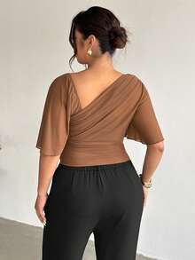 Firerie Plus Size Women Summer Minimalist Ruched Asymmetrical Shoulder Tight Top - Brown - View 2