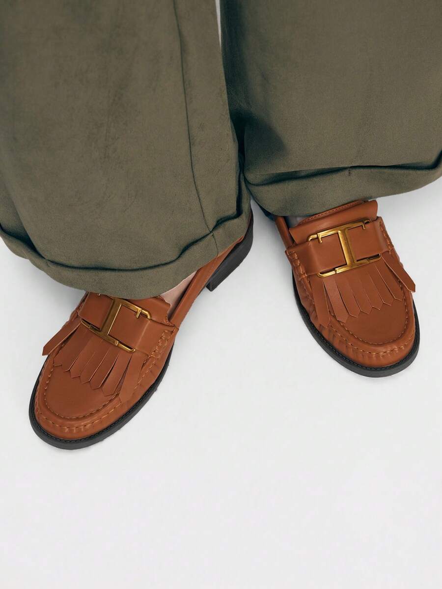 Mnmlis Women's Retro British Style Commuter Vintage Gold Buckle Brown Round Toe Flat Thick Heel Slip-On Loafers Casual Shoes Valentine's Day - Brown - View 1