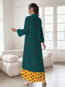 SHEIN Najma 女士花卉植物印花撞色V领长袖优雅阿拉伯风格连衣裙，适合春秋季穿着 - 彩色 - 查看 2