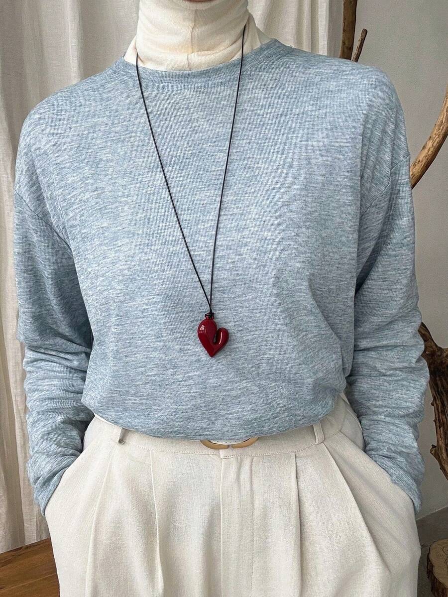 Livesso Women's Spring/Summer Casual Solid Color Loose Drop Shoulder Long Sleeve Top - Baby Blue - View 1