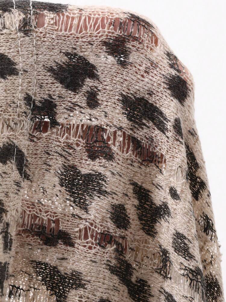 Women's Leopard Print Distressed Loose Casual Street Style Short Sleeve Round Neck T-Shirt, Spring/Summer Graphic Tees Women