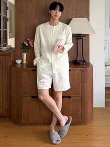 DAZY Conjunto de pijama de camisa blanca sólida y pantalones cortos para hombre, primavera/verano - Blanco - Ver 7