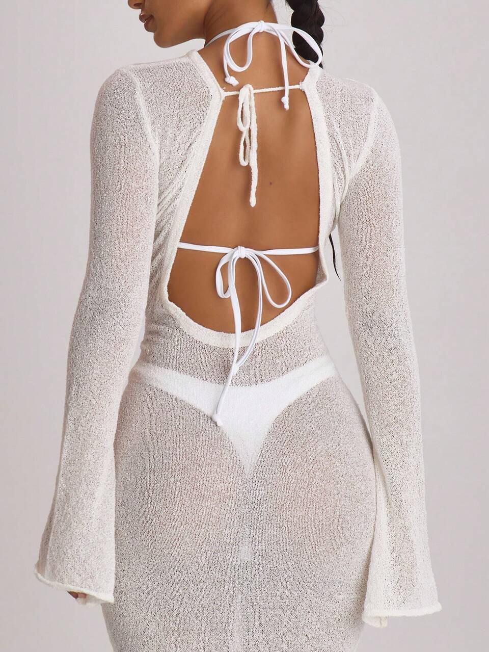 Vestido Maxi de Punto Blanco para Playa con Escote Redondo en la Espalda