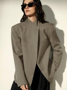 Aveloria Modichic Stand Collar Oblique Placket Blazer, Crafting A High-End Business Look - Grey - View 5