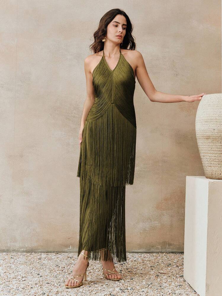 Anewsta Women's New Green Military Green Elegant Banquet Ball Gown Dress, Fringe Sexy Party Valentine's Day Carnival Dress Olive Green Bridesmaid Dress Fringe Dress Elegant One Shoulder Dress Green Wedding Guest Dress - Army Green - View 3