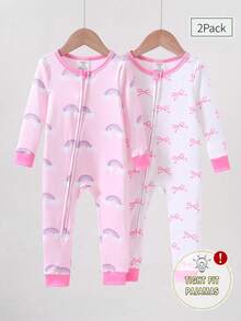 SHEIN 2件套女婴时尚甜美彩虹蝴蝶结设计舒适长袖连体睡衣 - 彩色 - 查看 6