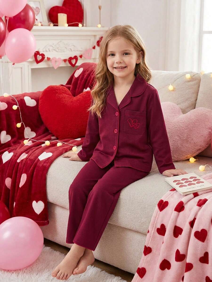 两件套女童休闲爱心刺绣长袖开衫和裤子套装，舒适宽松家居服 - 彩色 - 查看 1