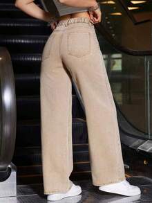 Jeanoix Plus Size Women's Vintage Washed Denim Jeans, Spring/Summer - Khaki - View 2