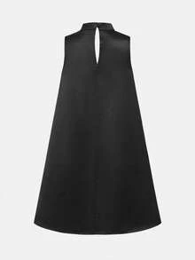 SHEIN 少女休闲日常通勤可爱黑色立领泡泡袖直筒碎花连衣裙，春夏款 - 黑色 - 查看 2