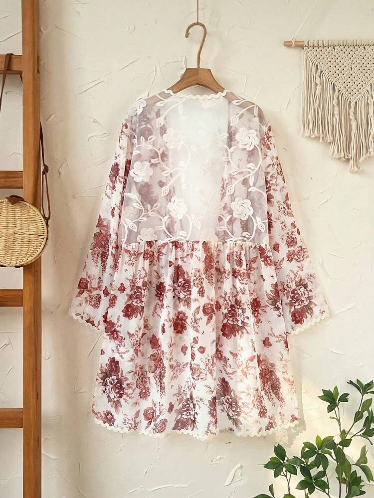 Plus Size Women's Summer Casual Vacation Country  Lace And Floral Embroidered Patchwork Floral Print Long Sleeve Roll-Up Sleeve Jacket For Summer/Flower,Summer Holiday,Spring Break Outfits ,Vacation Outfits Women ,Holiday Outfits For Women,Going Out Outfits,2026 New Clothes,Simple And Fashionable For Everyday Wear,Casual Vacation Boho Top,Suitable For Summer, Vacation, Commute, Daily Wear,Lightweight Vacation Coat,Chiffon Floral Print Cardigan