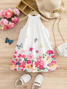 一件式少女编织花卉印花无袖修身套头连衣裙，春夏款式 - 白色 - 查看 4