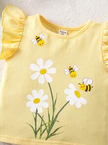 Babygirl Cute Floral Print Cap Sleeve Casual Top, Summer - Yellow - View 6