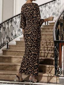 SHEIN Lady Plus Size Fashionable Party Leopard Print Twist Waist Fitted Dress - Brown - View 4
