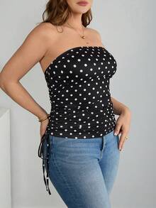 SHEIN Tall CURVE Áo ống chấm bi tối giản, ôm sát, thời trang dành cho nữ cỡ lớn, thích hợp cho mùa hè, kỳ nghỉ, ngày lễ tình nhân, lễ tốt nghiệp, kỳ nghỉ, phong cách thường ngày, chấm bi, áo đen, kỳ nghỉ biển, áo quây cho nữ. - màu đen - Xem 4