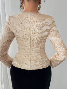 DAZY Women's Elegant Floral Textured Round Neck Lightweight Jacket, Spring - Gold - View 2