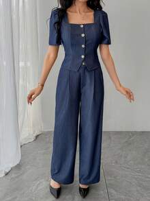 DAZY Women's Casual Washed Square Collar Puff Sleeve Shirt And Wide Leg Jeans Set, Summer - Medium Wash - View 6