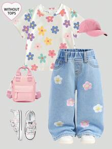 SHEIN Baby GirlFloral Pattern Blue Denim Loose Fit Pants - Light Wash - View 1