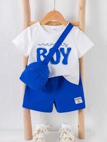 SHEIN 3pcs/Set Baby Boy Baby Boy Casual Cute White T-Shirt Knit Top, Navy Blue Crossbody Bag And Shorts Set, Spring/Summer - Royal Blue - View 1