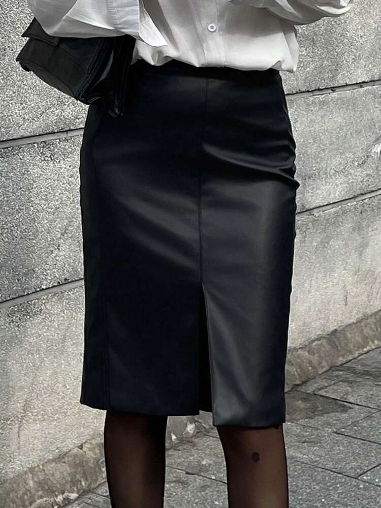 Women's Solid Color PU Leather Slit Hem Elegant Pencil Skirt