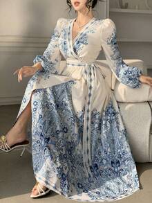 DAZY Women's Elegant Floral Print V-Neck Puff Sleeve Tie Waist Mid-Length Dress, Spring/Summer Wedding Guest Dress - Blue - View 4