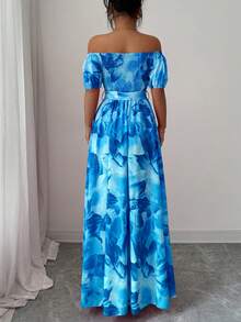Elenzga New Summer Collection Elegant Fashion Off-The-Shoulder Blue Floral Print Dress With Slim-Fit Waistline And Puff Sleeves. Ocean Dress Off Shoulder Dress, Blue Long Dress, Blue Dress - Aqua Blue - View 2