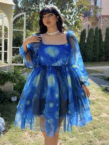 Lyrianda 大码女式优雅甜美公主宫廷风雪纺欧根纱度假仙女高腰A字层叠星空印花中长连衣裙 - 藍色 - 查看 1