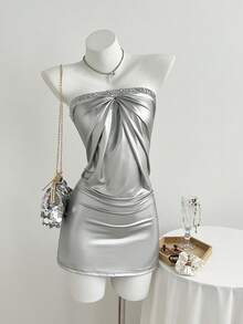 Elamini 女士休闲优雅派对褶皱亮片抹胸连衣裙 - 銀色 - 查看 5
