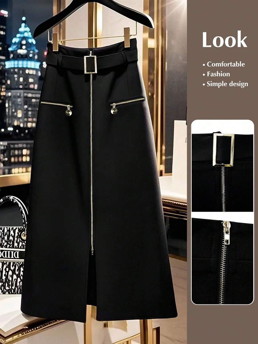 SHEIN Tall CURVE 大码优雅休闲裙，双面拉链 - 黑色 - 查看 1