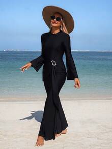 Swim Mulvari Burkini cao cấp, thanh lịch, màu trơn với thiết kế trang trí eo bằng vàng, thích hợp cho kỳ nghỉ biển và khu nghỉ dưỡng. - màu đen - Xem 3