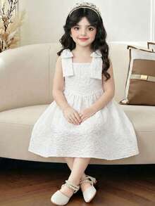Đầm chữ A thanh lịch cho bé gái, cổ vuông, thắt nơ. - trắng - Xem 1