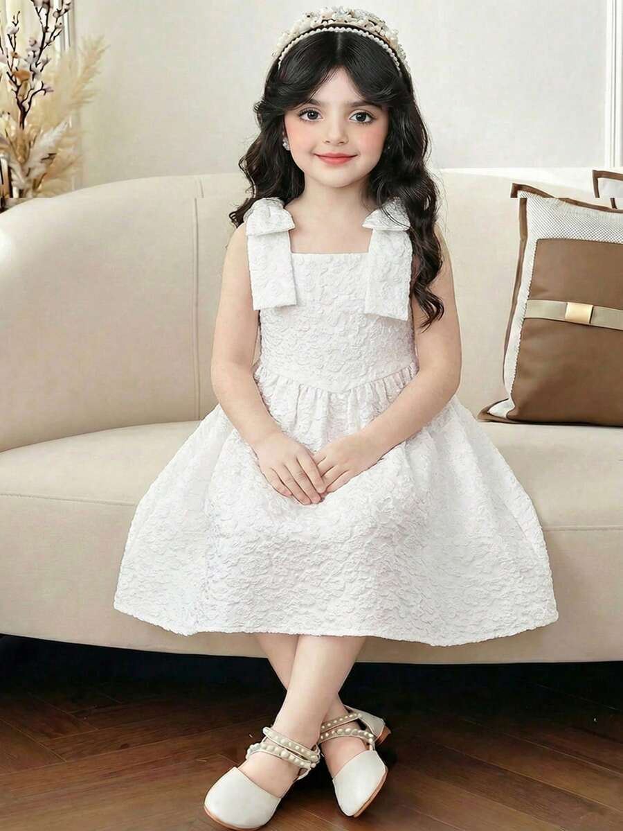 Đầm chữ A thanh lịch cho bé gái, cổ vuông, thắt nơ. - trắng - Xem 1