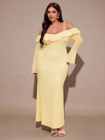 SHEIN BAE Plus Size Women's Ruffled Hem Long Mesh Dress, Yellow Elegant Dress, Vacation Dress,Elegant Dress,Sexy Dress,Dresses For Ladies,Formal Dress Plus Size,Curves Women Clothing,Wedding Guest Dress ,Summer,Elegant Dresses For Party,Graduation ,Vacation,Birthday Party Dress,Valentine's Day,Valentine Outfits For Women