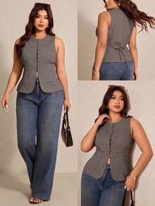 Elaquor Kariertes figurbetontes Blusentop mit Rundhalsausschnitt und ohne Ärmel in Große Größen - Kamelfarben - Übersicht 3