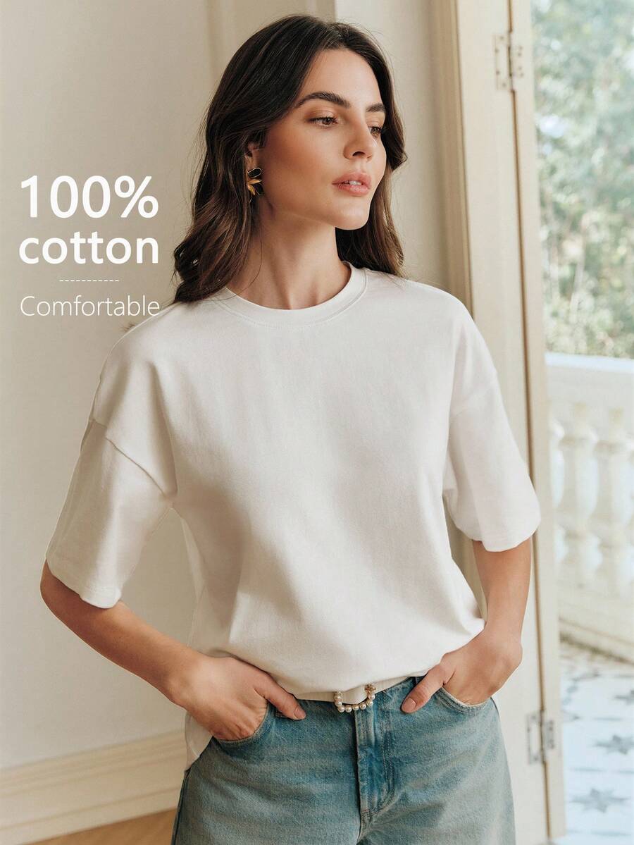Anewsta 女士白色圆领休闲短袖T恤，适合春夏假期穿着