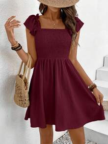 SHEIN Frenchy Đầm chữ A cổ vuông màu trơn, dáng suông, ôm eo, bán chạy nhất - Màu Đỏ Sâu - Xem 5