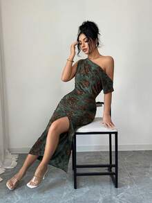 Rafferiza Elegant Off-The-Shoulder Sleeveless Dress  Slim-Fitting Dress With Ruched Hips And Overlapping Split Hem   Knitted Burnout Fabric Spring Dress   Green Base With Brown Floral Pattern Elegant Dress For Women   Women's Elegant Party Dress  Women's Elegant Long Dress   Women's Holiday Dress   Party Dress   Women's Spring Dress - Multicolor - View 5