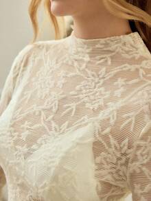 MOTF PREMIUM ELEGANT LACE LONG SLEEVE MOCK NECK SHEER CASUAL SEXY TOP FOR WOMEN - Cream - View 1