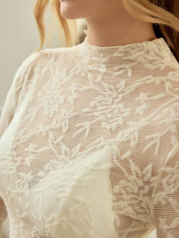 ELEGANT LACE LONG SLEEVE MOCK NECK SHEER CASUAL SEXY TOP FOR WOMEN