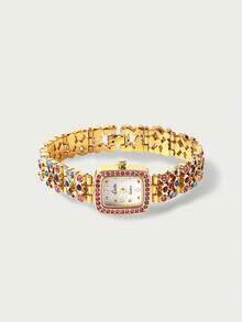 Glisma 1支法國時尚優雅女士彩色鑲嵌鑽石手錶，防水深度達30米，方形石英手錶，母貝錶盤，適合日常佩戴、非正式聚會和手腕裝飾 - 金色 - 查看 6