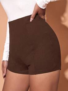 SHEIN Essnce Quần short nữ dáng ôm, màu trơn, thiết kế khóa kéo bên hông, kiểu dáng thường ngày. - Cà phê nâu - Xem 3