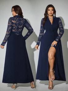 Viva Relle Plus Size Women's Elegant Romantic Sexy Lace Backless Blazer Collar Fitted Split Dress, For Party And Occasions - Navy Blue - View 1