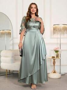 Ellevyn 大码女士优雅拼接刺绣网纱腰部裹身褶皱连衣裙 - 薄荷綠 - 查看 6