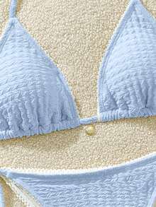Swim Mod Women's Summer Vacation Beach Solid Color Textured Halter Bikini Set - Blue - View 4
