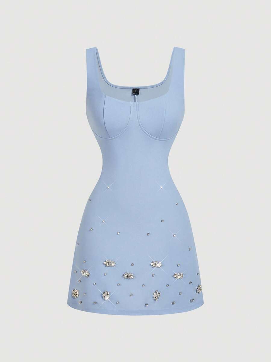 SHEIN MOD 镶钻优雅红色迷你连衣裙 - 藍色 - 查看 1