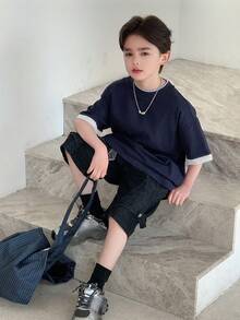 DAZY 男童撞色滚边圆领休闲宽松T恤 - 藏蓝色 - 查看 5