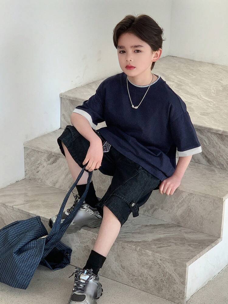 DAZY 男童撞色滚边圆领休闲宽松T恤 - 藏蓝色 - 查看 5