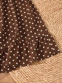 EMERY ROSE 大码女式春季休闲度假棕色波点荷叶边泡泡袖连衣裙 - 咖啡棕 - 查看 7